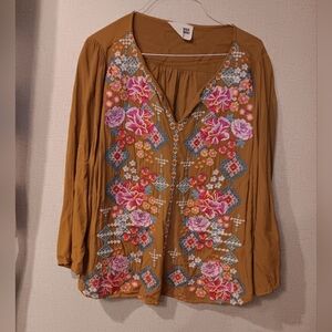 Savanna Jane 1X Mustard Floral Embroidered Buttons Long Sleeve Blouse boho